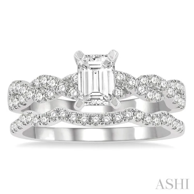 1 1/20 ctw Round Cut Diamond Wedding Set With 7/8 ctw Twisted Shank Emerald Cut Engagement Ring and 1/6 ctw Curve Wedding Band in 14K White Gold