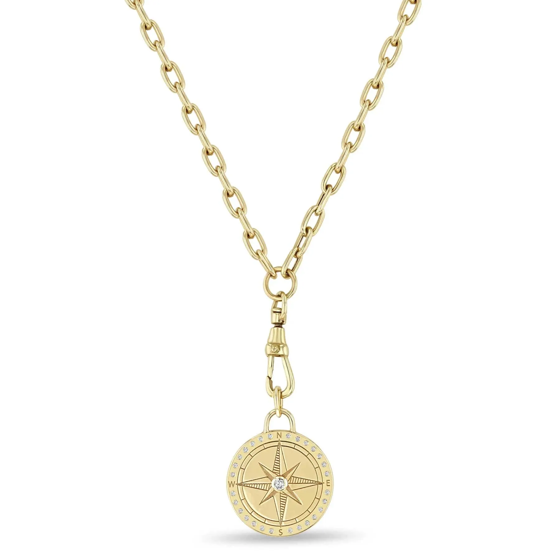 14k Medium Compass Medallion Square Oval Chain with Fob Clasp Necklace