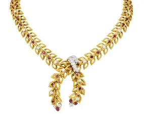 1950's Mid-Century 8.91 CTW Diamond Ruby Platinum 18 Karat Gold Foliate Link Lariat Necklace