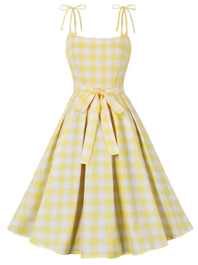 1950s Vintage A-Line Bowknot Spaghetti Strap Rockabilly Dress