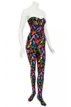 1991 Salvatore Ferragamo Runway Novelty Shoe Print Strapless Jumpsuit