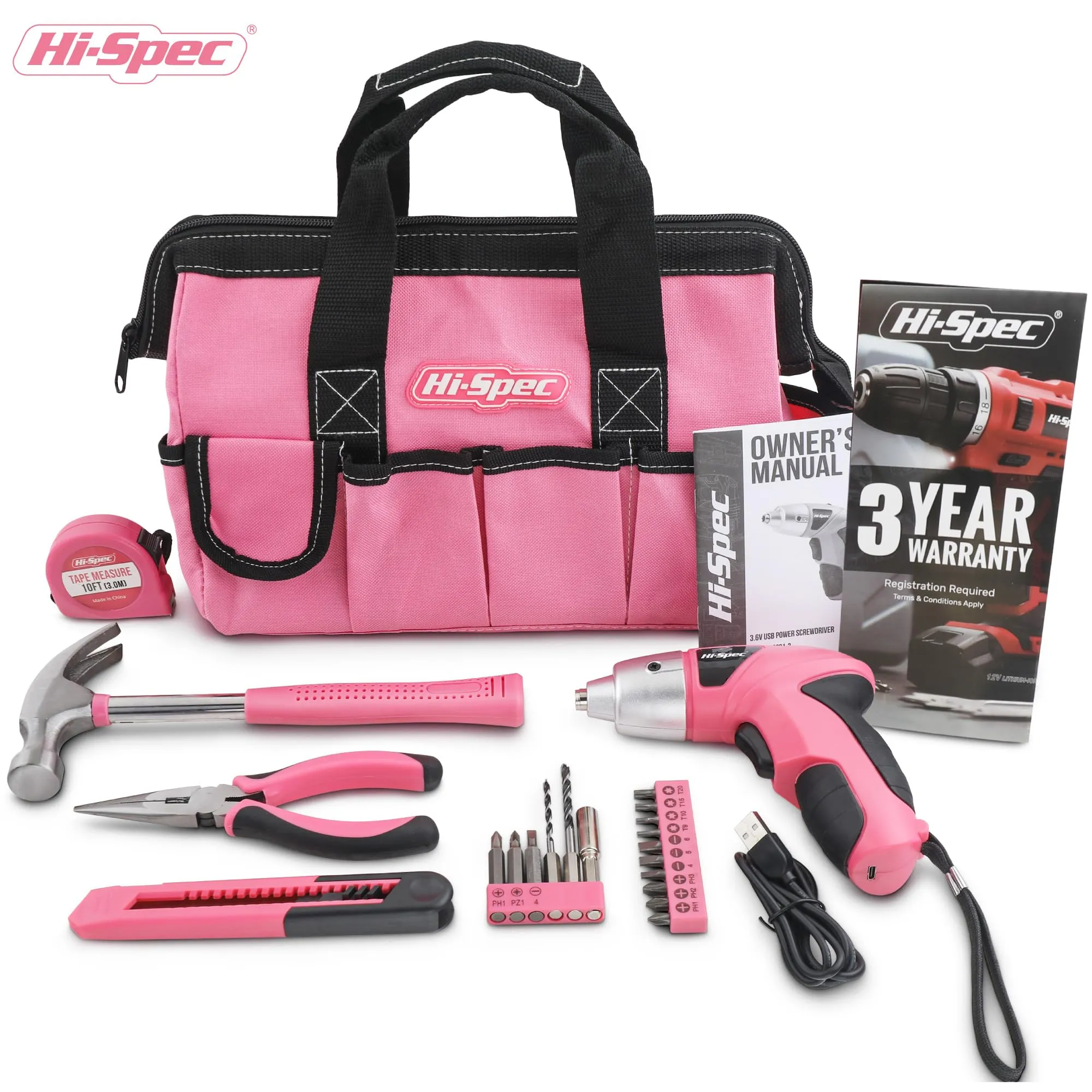 21pc Pink 3.6V USB Electric Power Screwdriver and Hand Tool Set. Get Started in Home and Office DIY