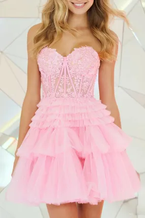 A line Sweetheart Layered Lace Applique Pink Short Homecoming Dress