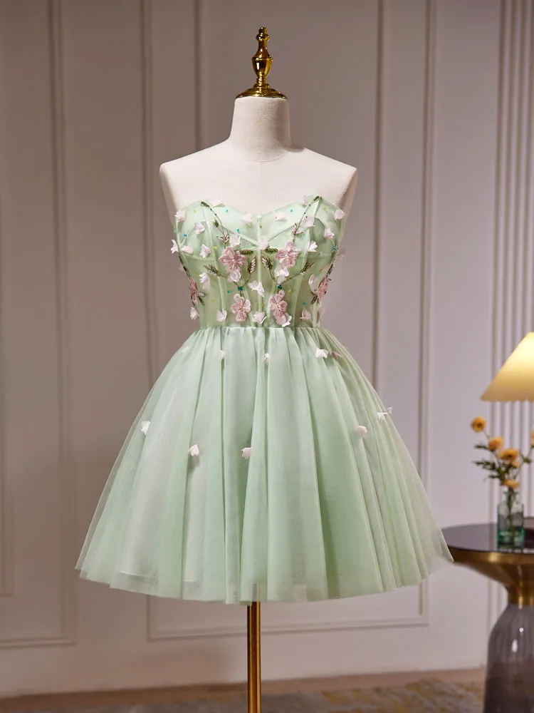 A- Line Sweetheart Neck Tulle Green Short Prom Dress, Green Homecoming Dresses