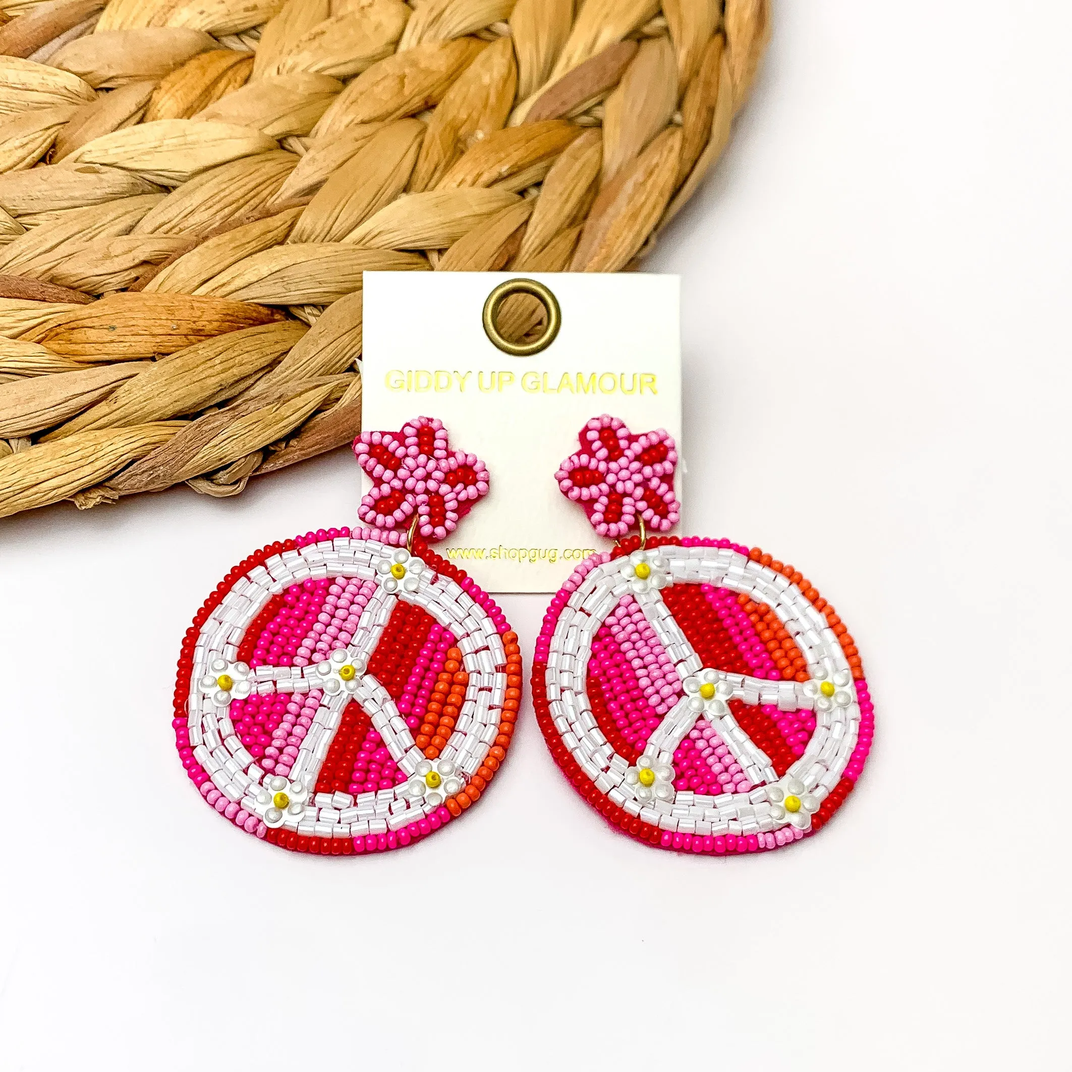 Beaded Peace sign Earrings With Star Post in Fuchsia Pink