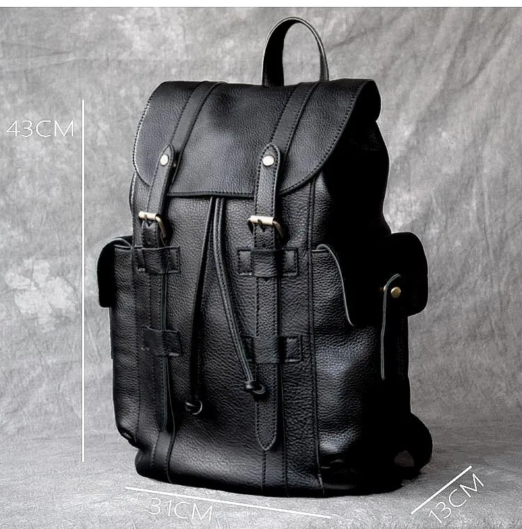 Black Leather Mens 15" Laptop Backpack Hiking Backpack Travel Backpack College Backpack for Men