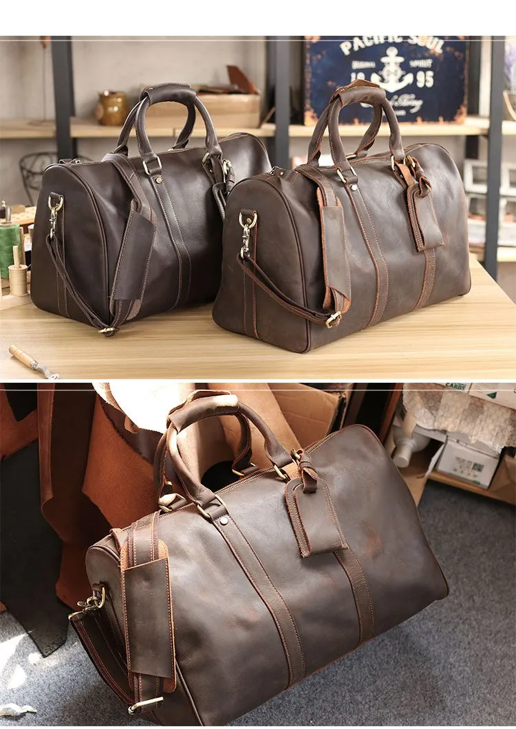 Black Leather Mens Casual Large Travel Bags Shoulder Weekender Bag Brown Duffle Bag For Men