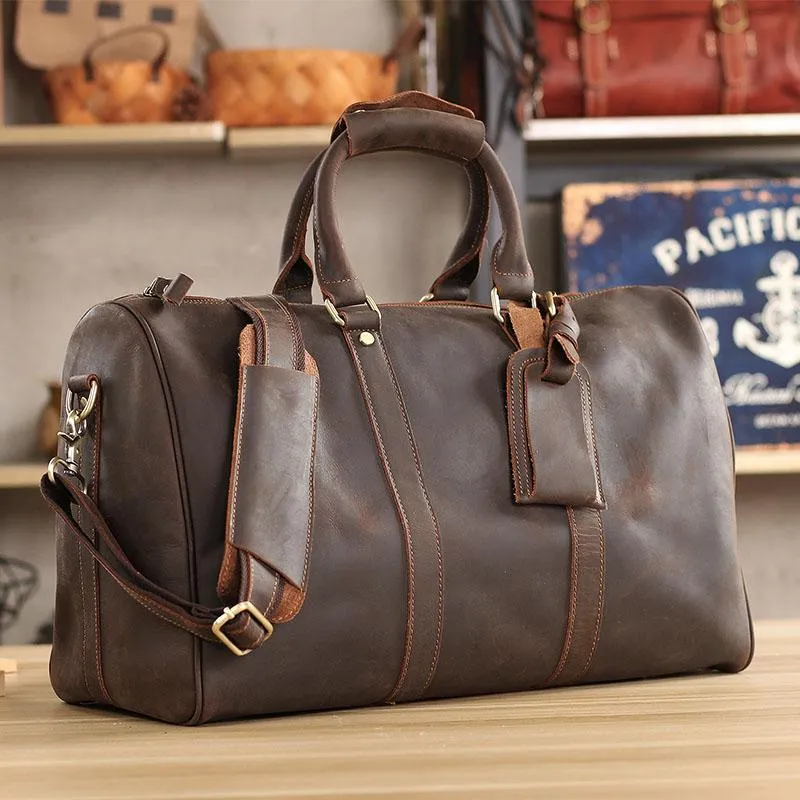 Black Leather Mens Casual Large Travel Bags Shoulder Weekender Bag Brown Duffle Bag For Men