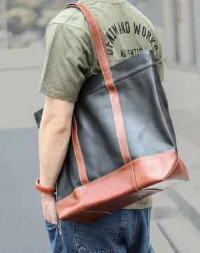 Black Vintage Leather Men Womens Large Tote Bag Brown Shoulder Tote Bag Shopper Tote For Men