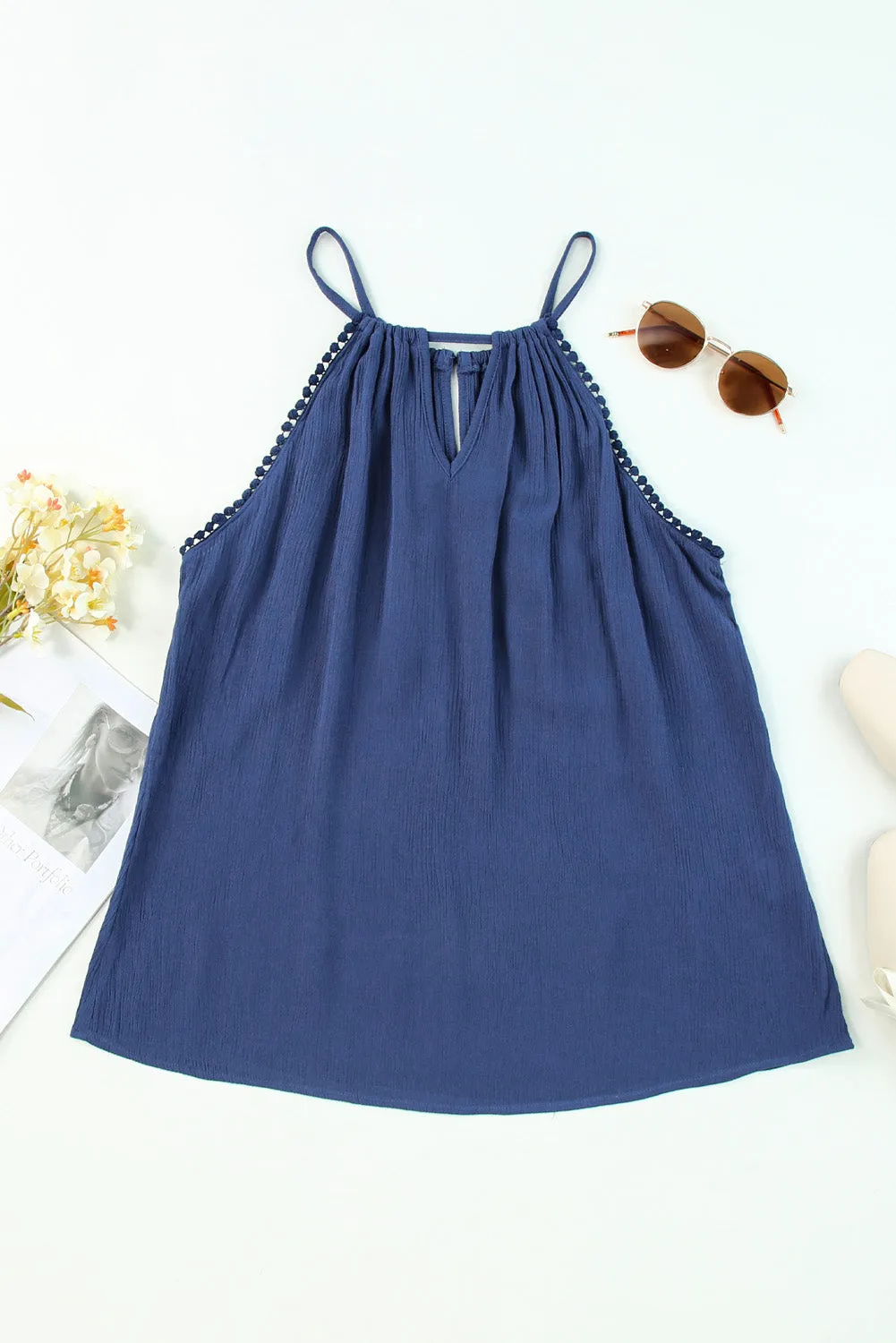 Blue Pompom Trim Cut out Tank Top