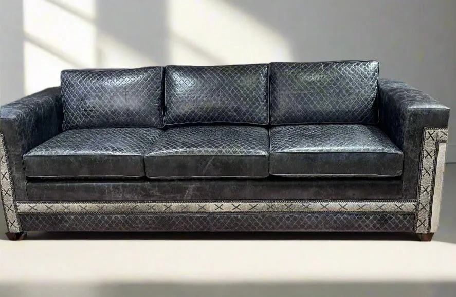 Blue Quilted Western Hair on Hide Leather Sofa