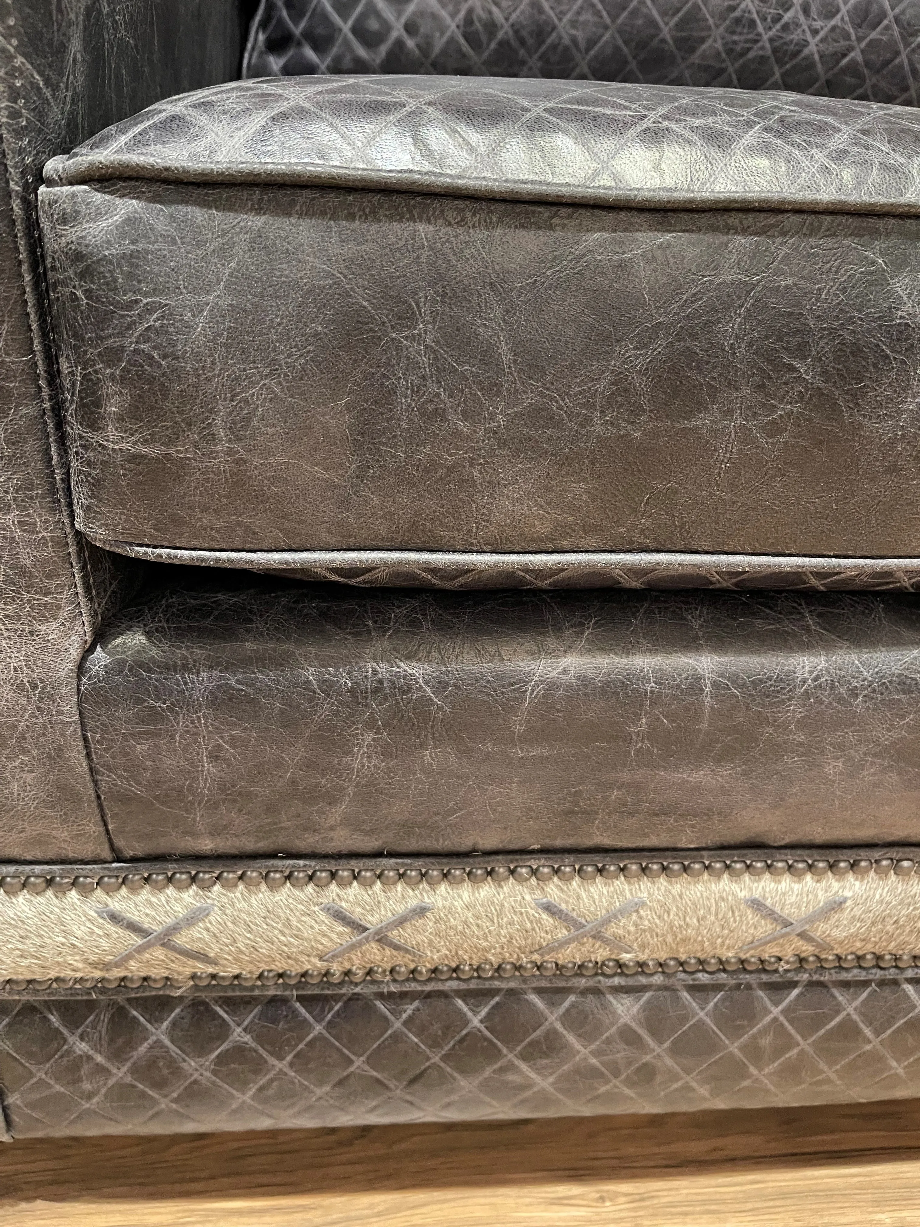 Blue Quilted Western Hair on Hide Leather Sofa