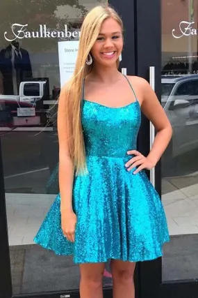 Blue Sequins A-line Criss-Cross Homecoming Dresses, Graduation Dresses, SH591