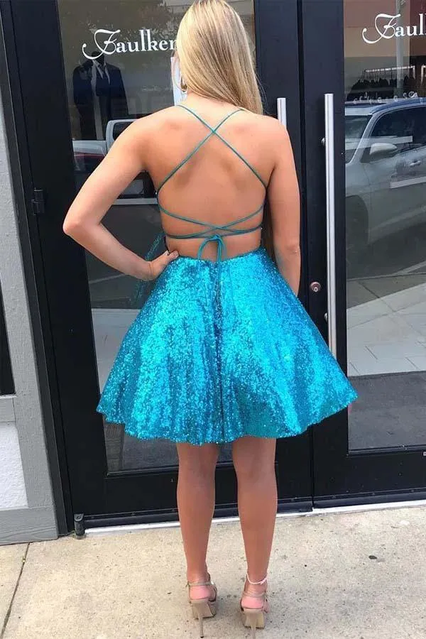 Blue Sequins A-line Criss-Cross Homecoming Dresses, Graduation Dresses, SH591