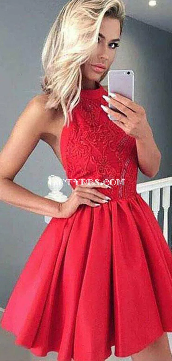 Charming Halter Red Satin A-line Cheap Short Homecoming Dresses, HDS0022