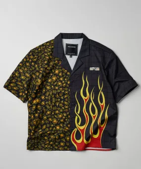 Cheetah And Flames Split Woven Short Sleeve Shirt