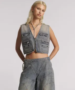 Cropped Denim Utility Vest - Island Blue