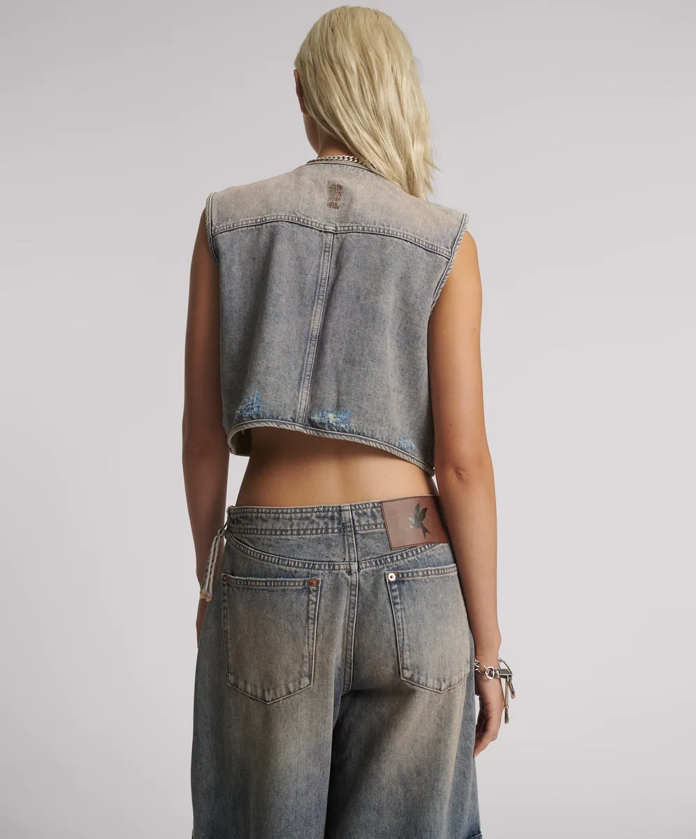 Cropped Denim Utility Vest - Island Blue