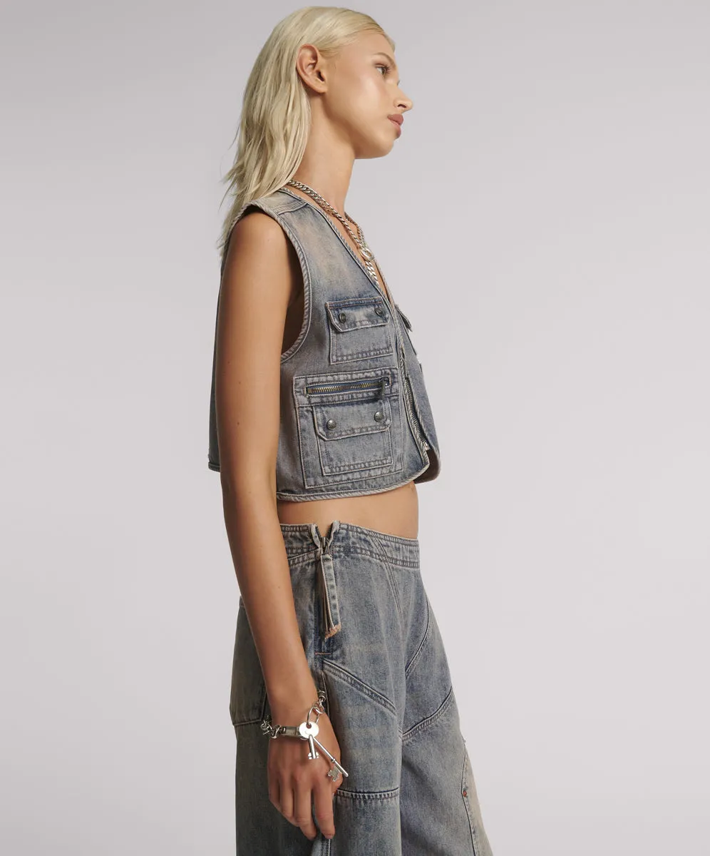 Cropped Denim Utility Vest - Island Blue