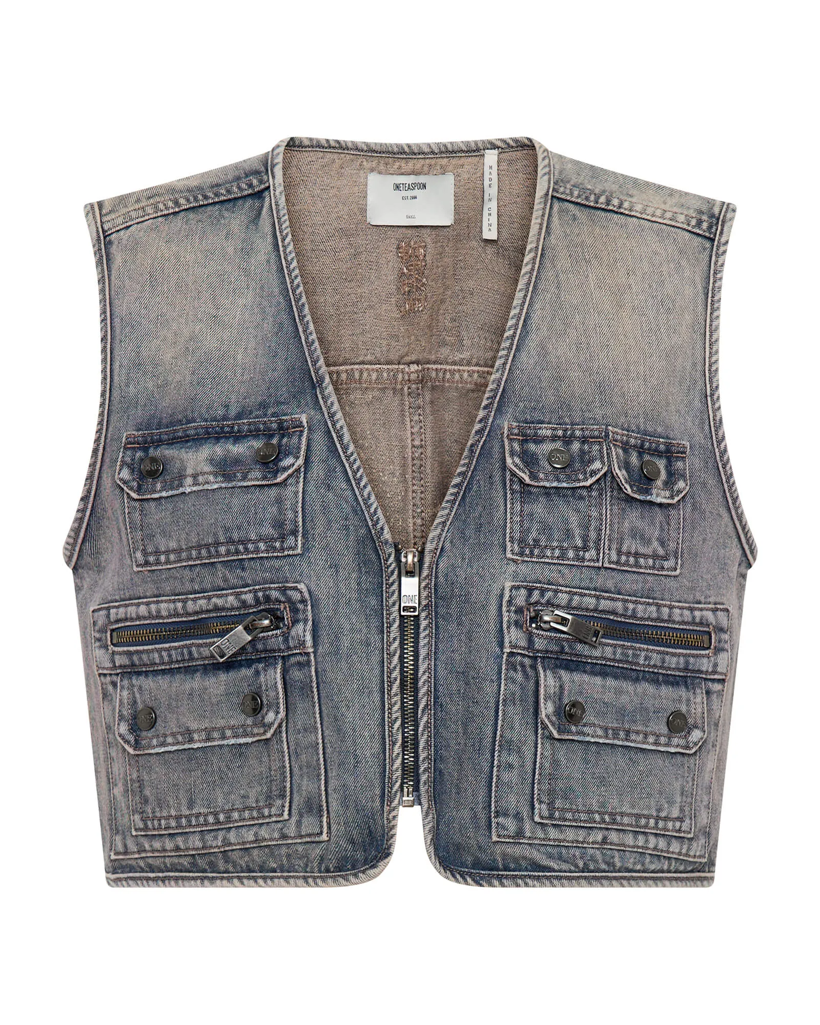 Cropped Denim Utility Vest - Island Blue