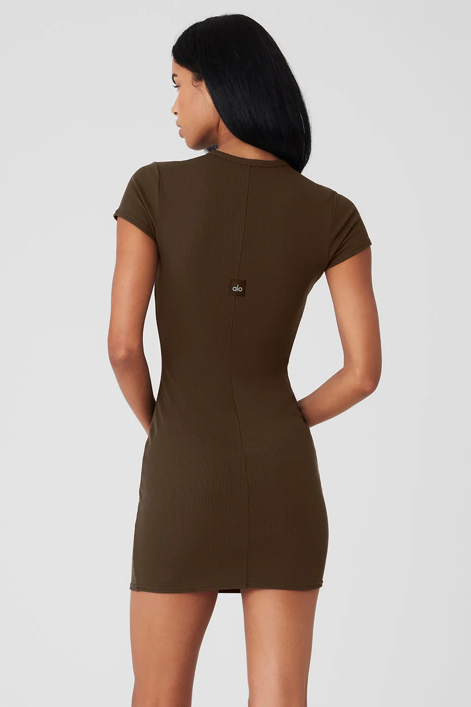 Goddess Ribbed Short Sleeve Dress - Espresso