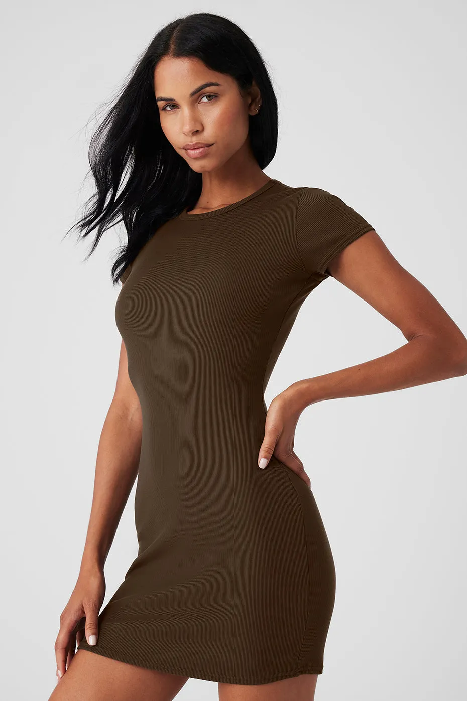 Goddess Ribbed Short Sleeve Dress - Espresso