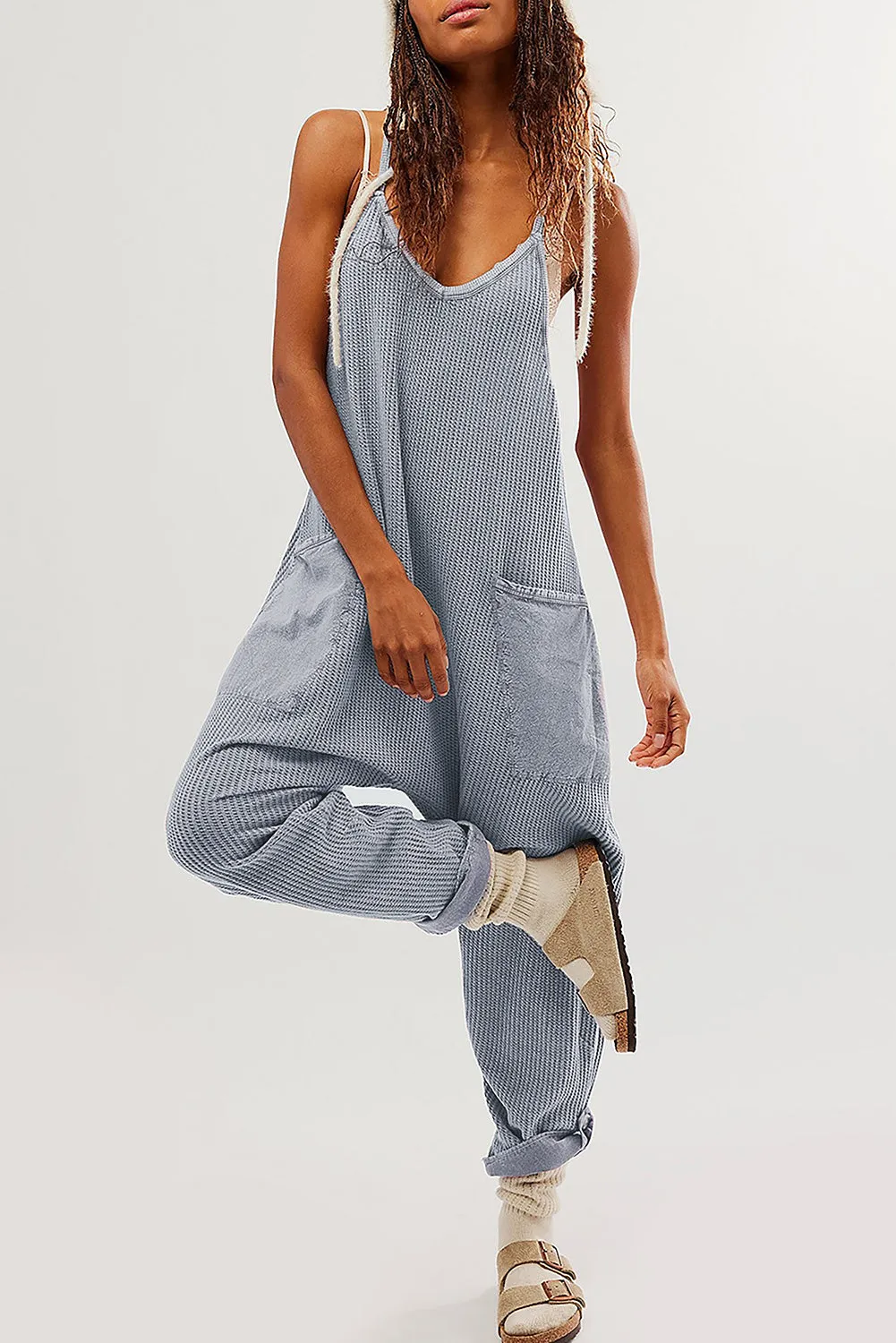 Gray Waffle Knit Spaghetti Straps Loose Fit Jumpsuit