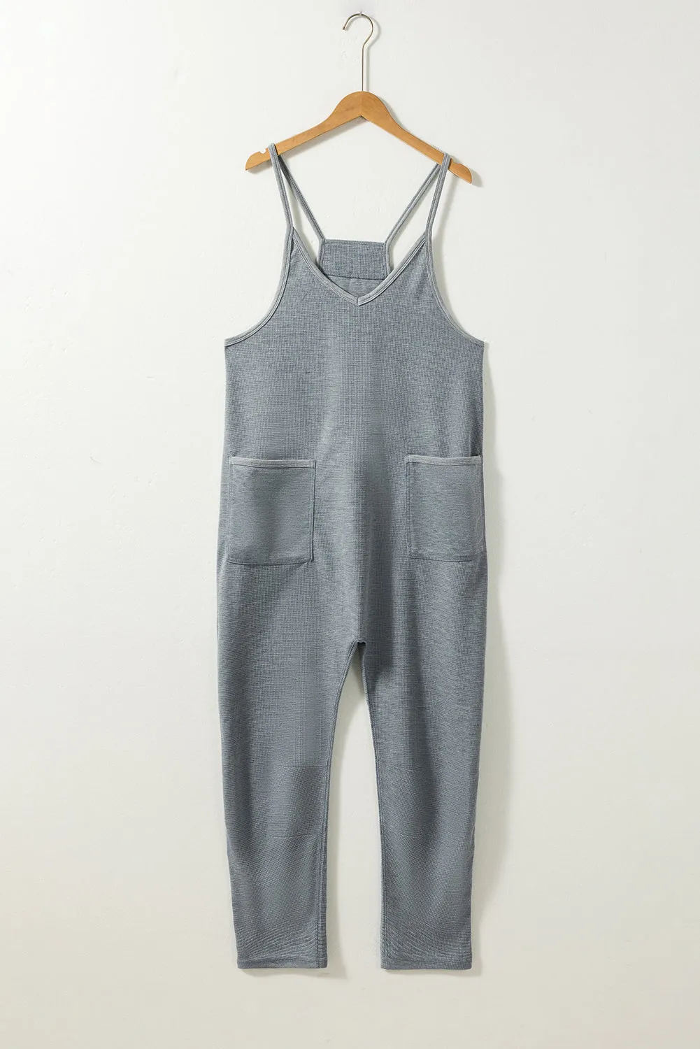 Gray Waffle Knit Spaghetti Straps Loose Fit Jumpsuit