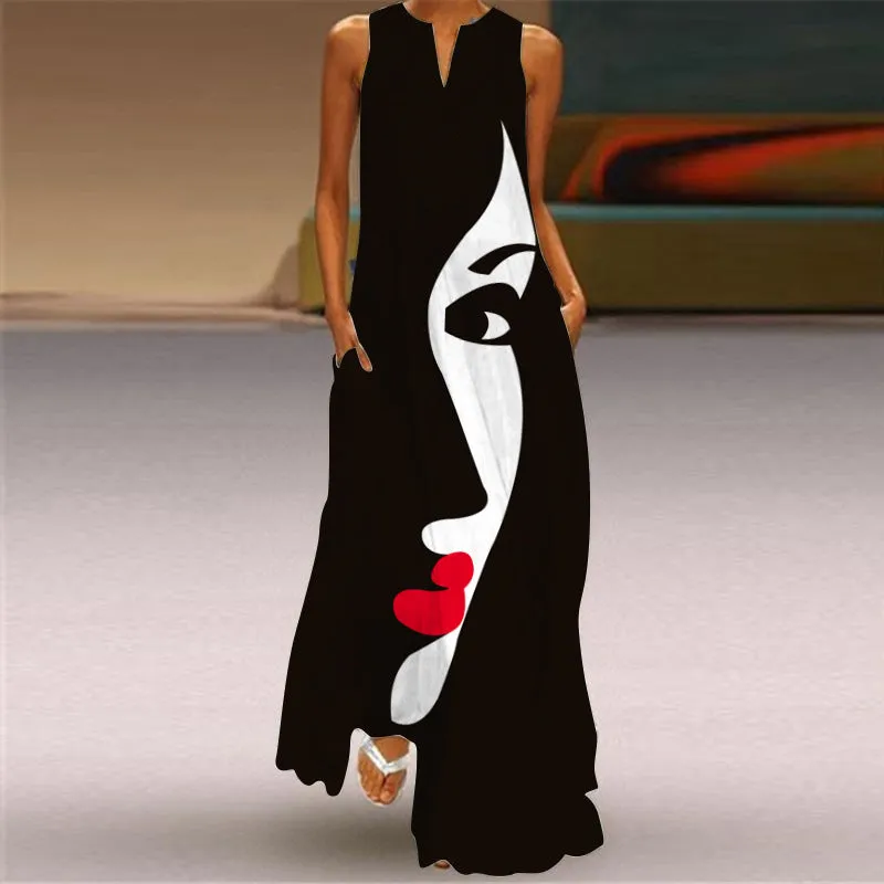 Human Face Printed Black Dress 2022 Elegant