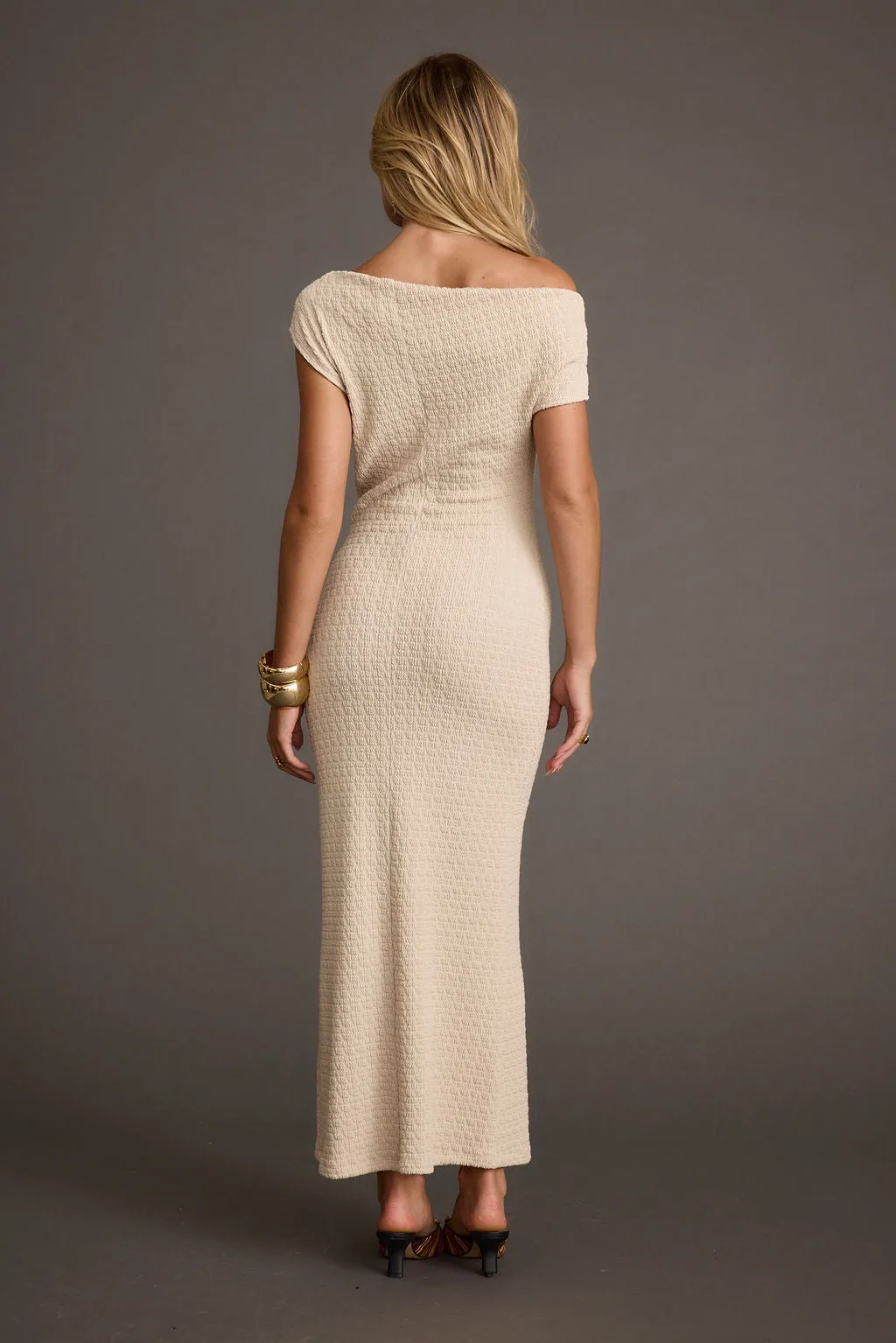 Imara Beige Asymmetrical Knit Maxi Dress