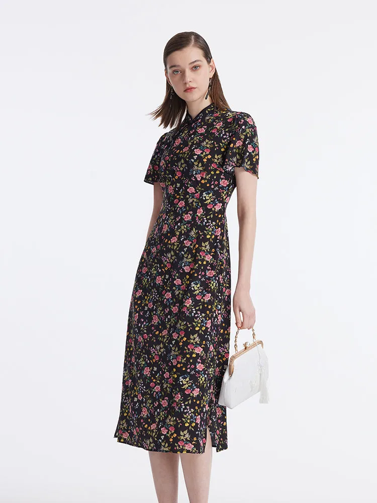 Mulberry Silk Slit Rose Printed Women Qipao Midi Dress