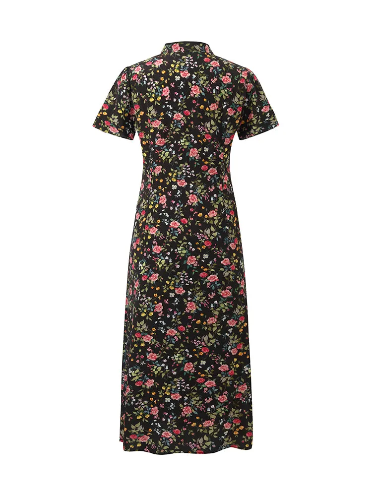 Mulberry Silk Slit Rose Printed Women Qipao Midi Dress