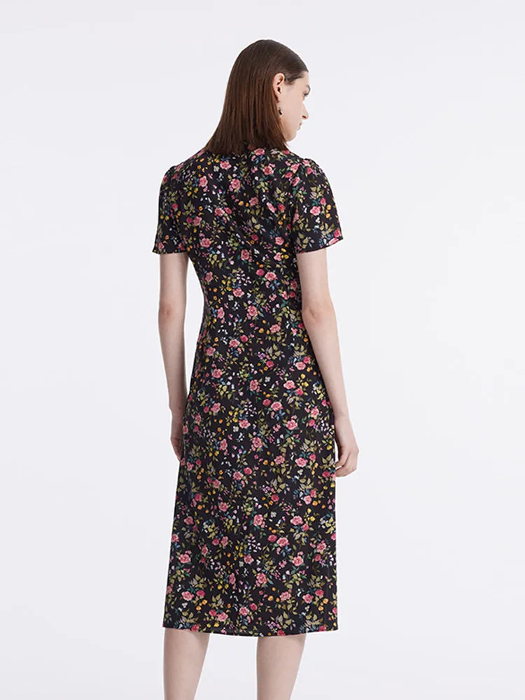 Mulberry Silk Slit Rose Printed Women Qipao Midi Dress