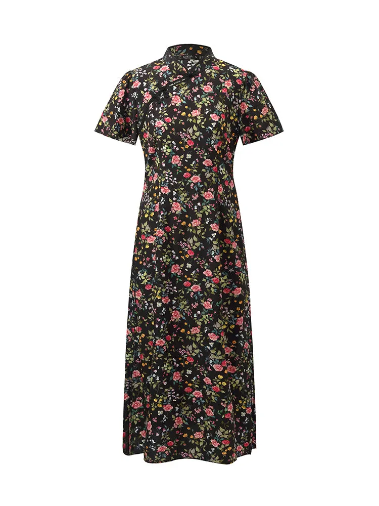 Mulberry Silk Slit Rose Printed Women Qipao Midi Dress