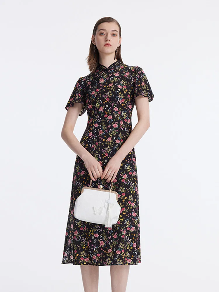 Mulberry Silk Slit Rose Printed Women Qipao Midi Dress