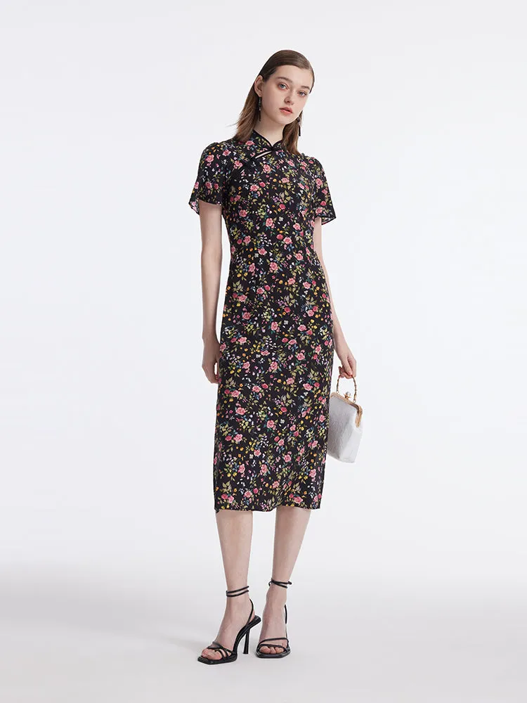 Mulberry Silk Slit Rose Printed Women Qipao Midi Dress