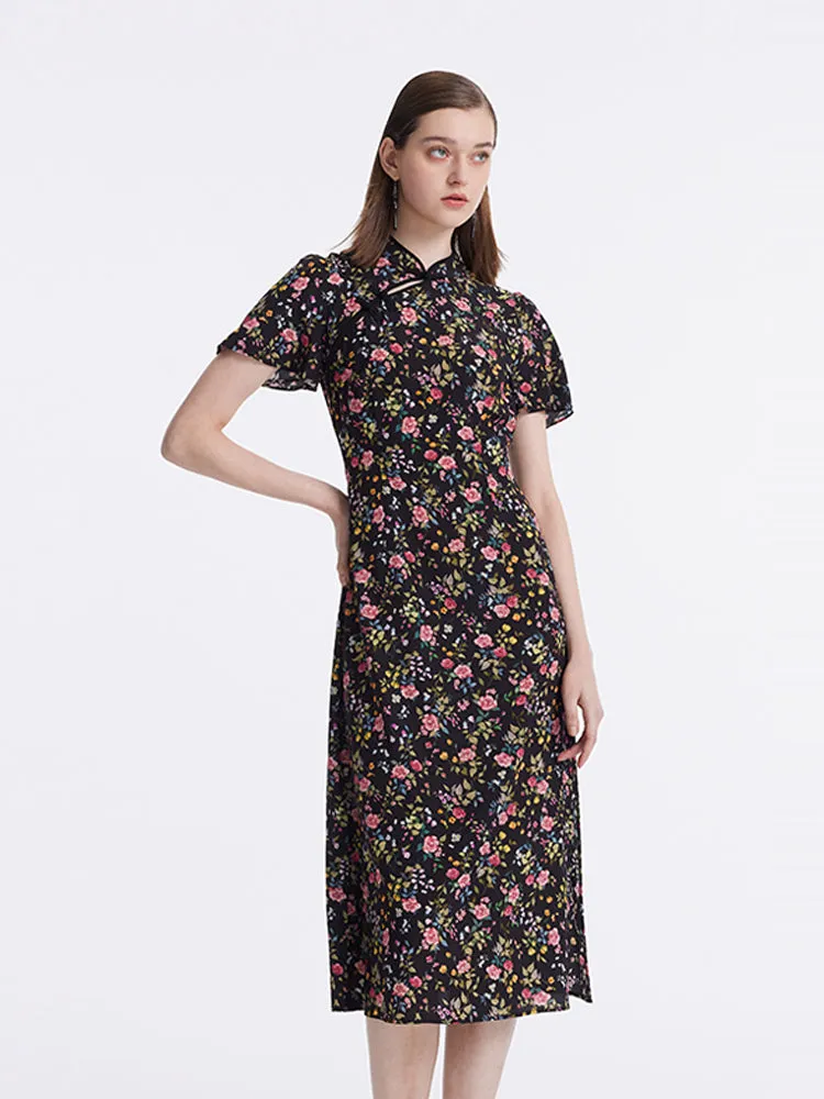 Mulberry Silk Slit Rose Printed Women Qipao Midi Dress