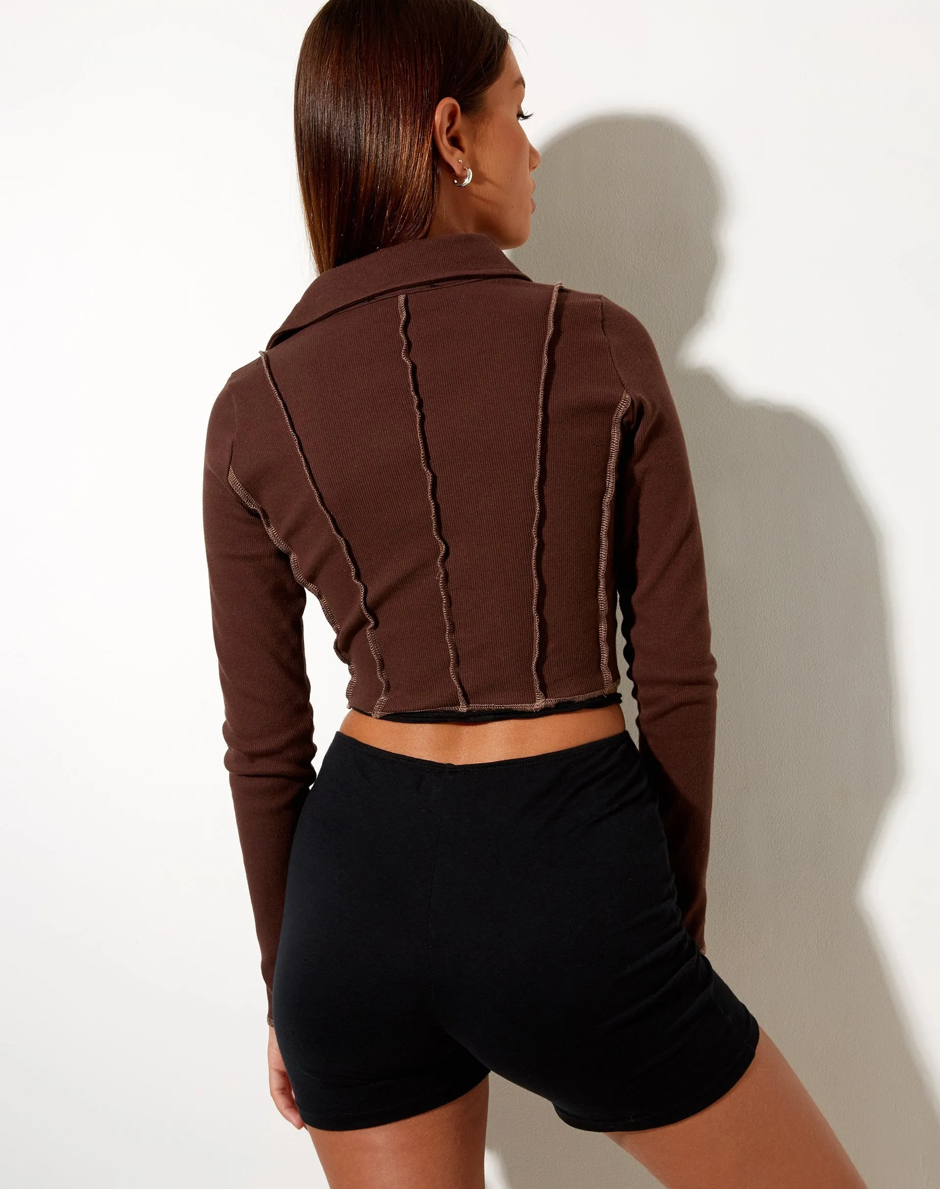 Nandy Crop Top in Rib Deep Mahogany with Brown Stitching