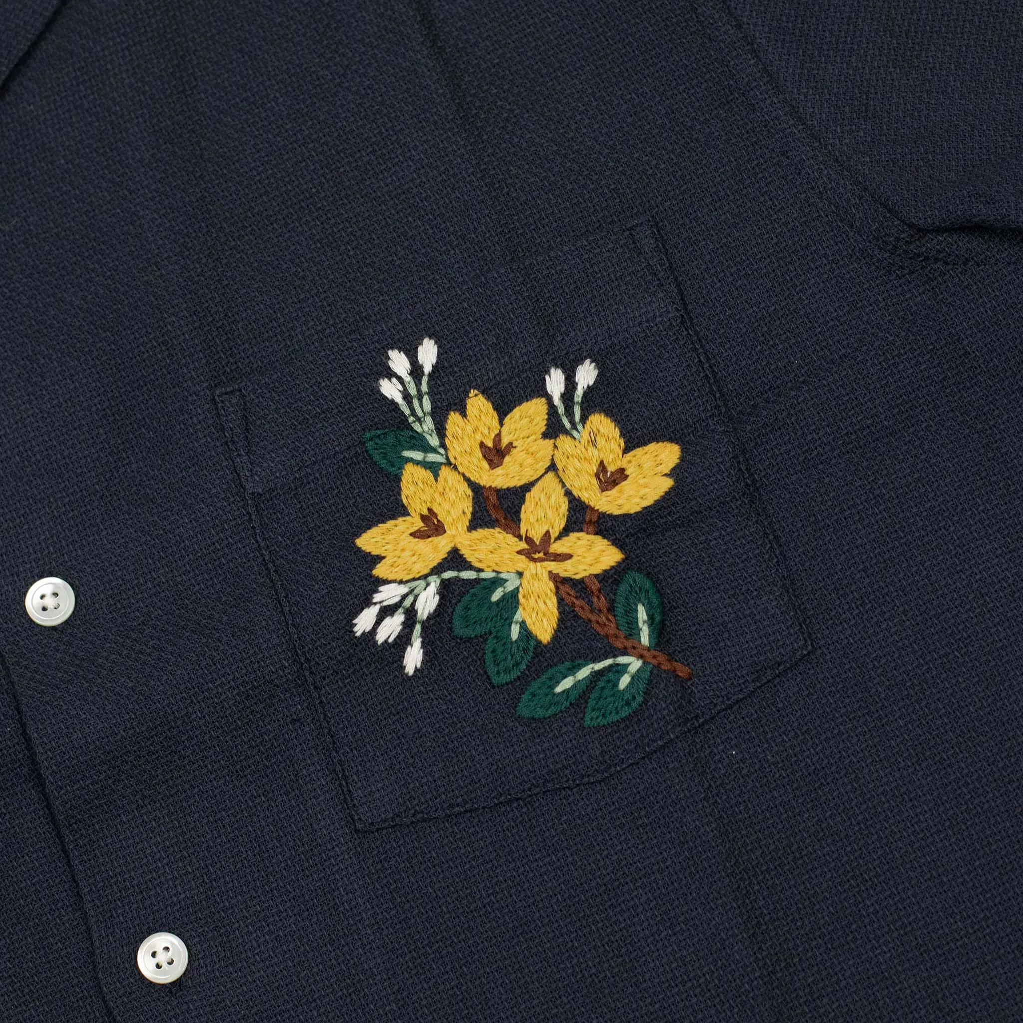 Pique camp collar shirt in navy with floral pocket embroidery