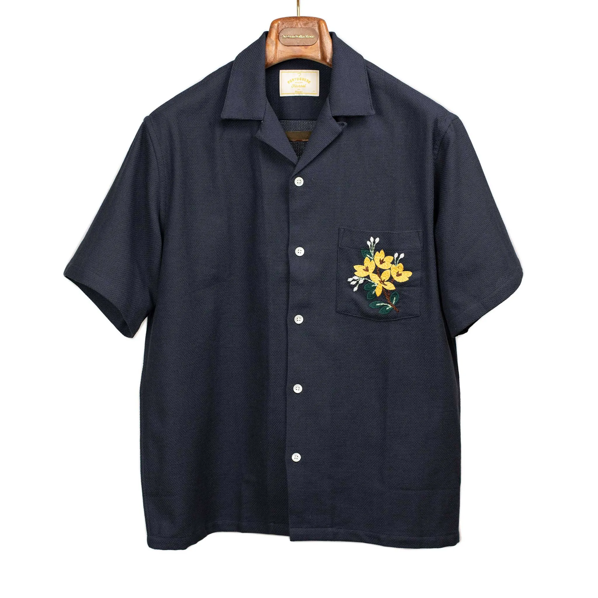 Pique camp collar shirt in navy with floral pocket embroidery