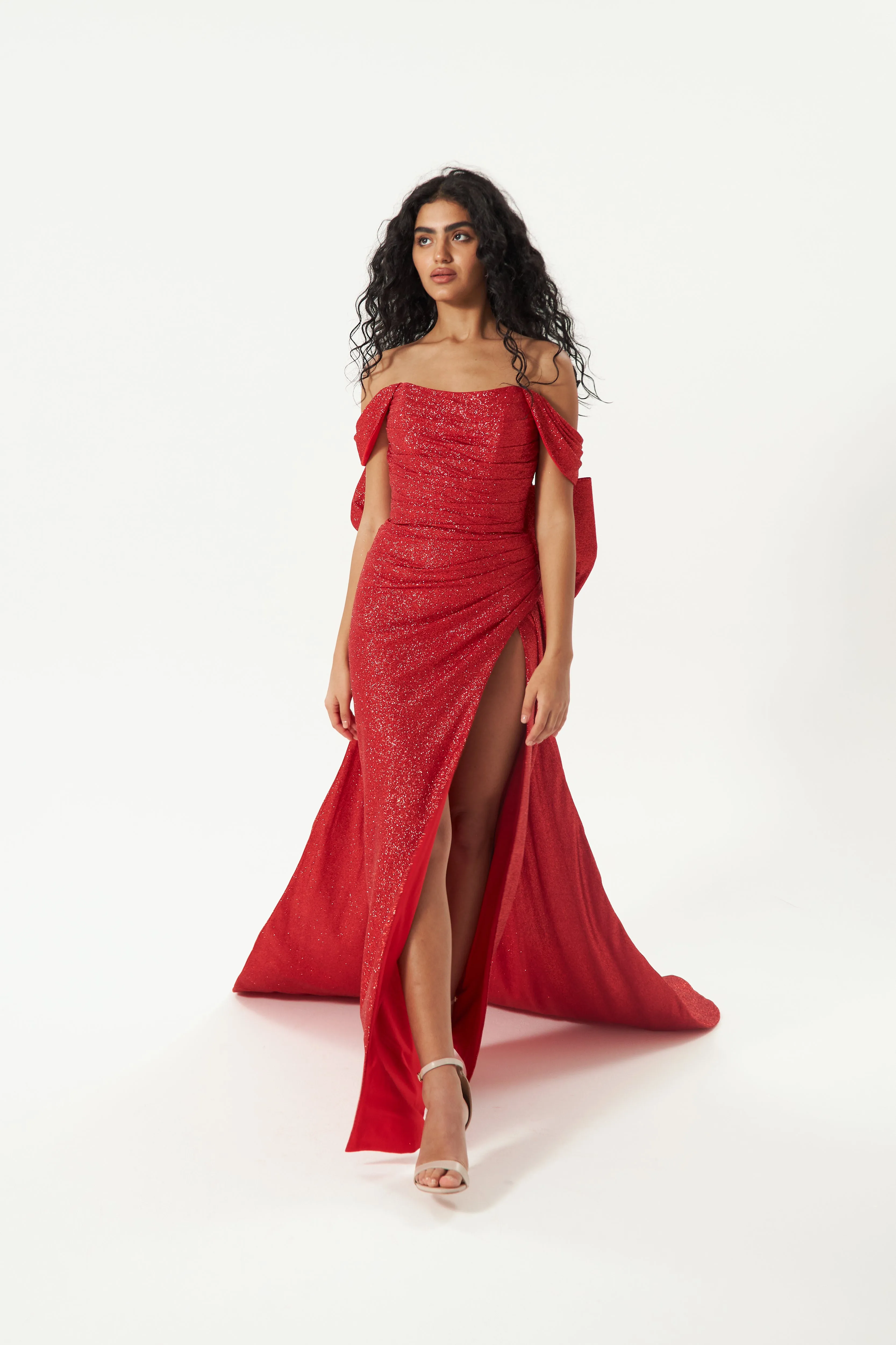 Red Glitter Mermaid Evening Dress Lovisa with Detachable Bow