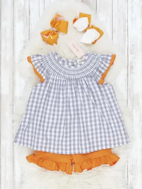 Smocked Gingham Orange & White Ruffle Outfit