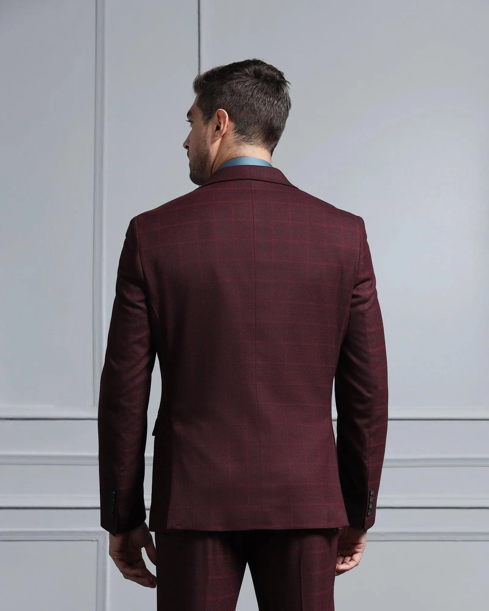 Three Piece Maroon Check Formal Suit - Wester