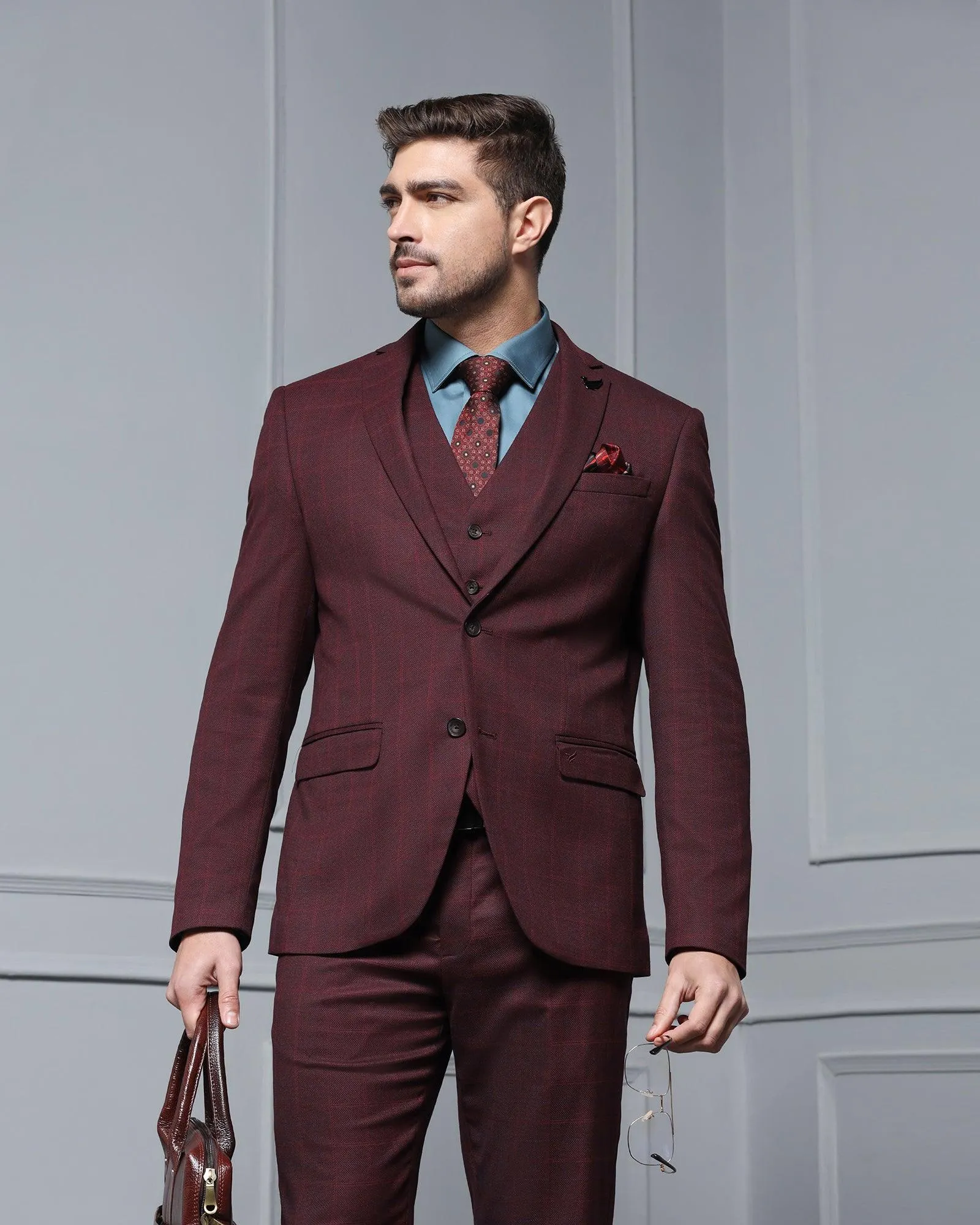 Three Piece Maroon Check Formal Suit - Wester