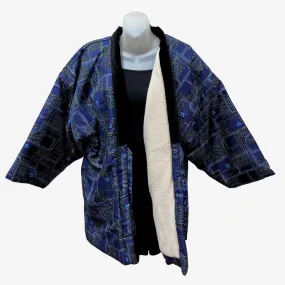 Traditional Japanese Hanten coat (unisex) - Fleece base layer and geometric blue pattern