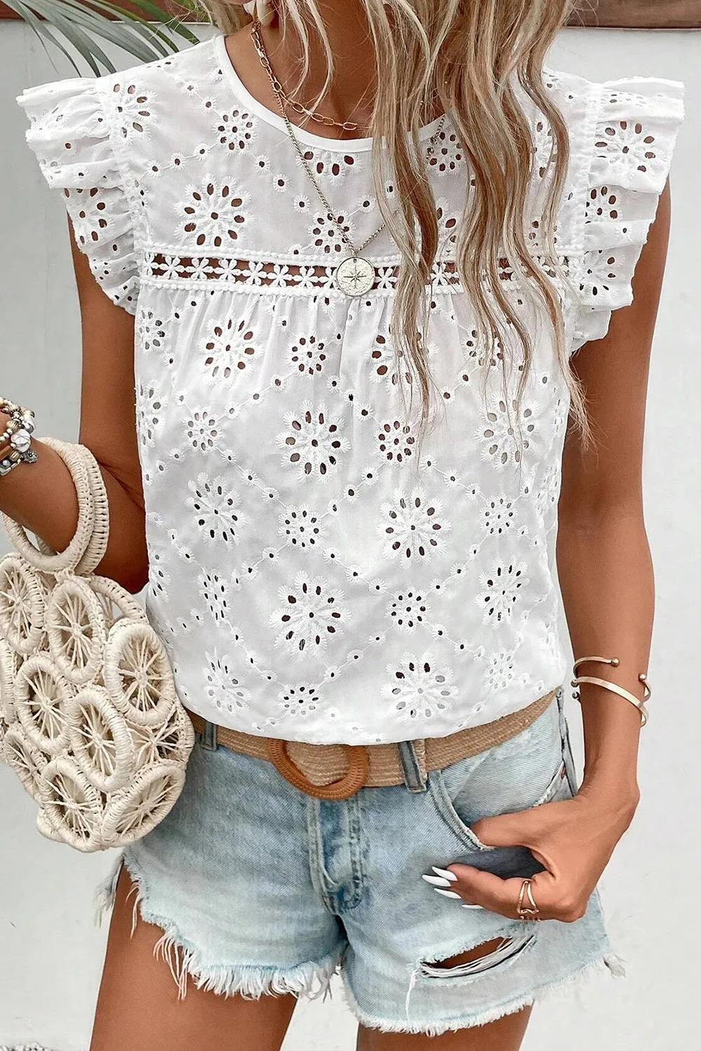 White Eyelet Embroidered Ruffled Flutter Sleeve Blouse