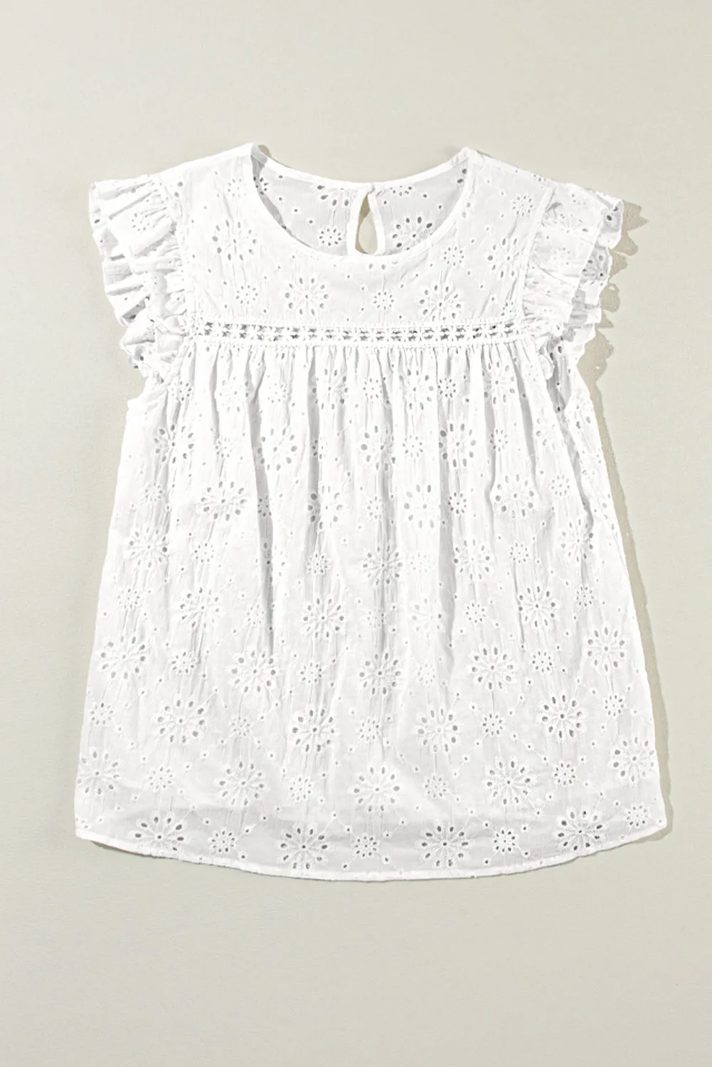 White Eyelet Embroidered Ruffled Flutter Sleeve Blouse