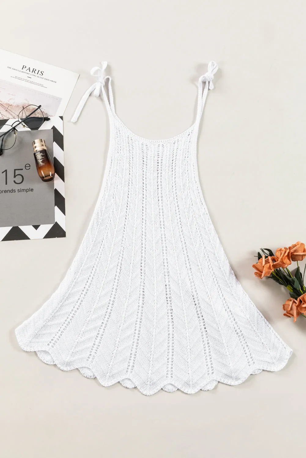 White Tie Straps Wave Stripes Textured Eyelet Knitted Vest